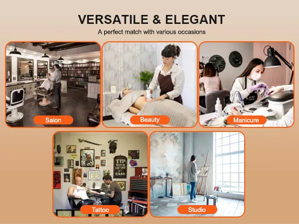 versatile VEVOR beauty salon trolley in various settings: salon, beauty, manicure, tattoo, and studio.