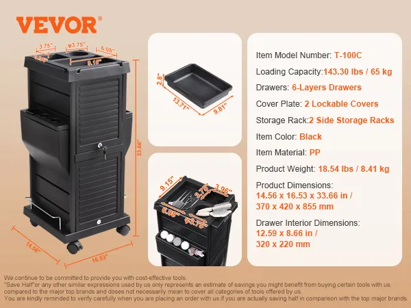 VEVOR salon trolley cart, model t-100c, with 6-layer drawers, side storage racks, and lockable covers.