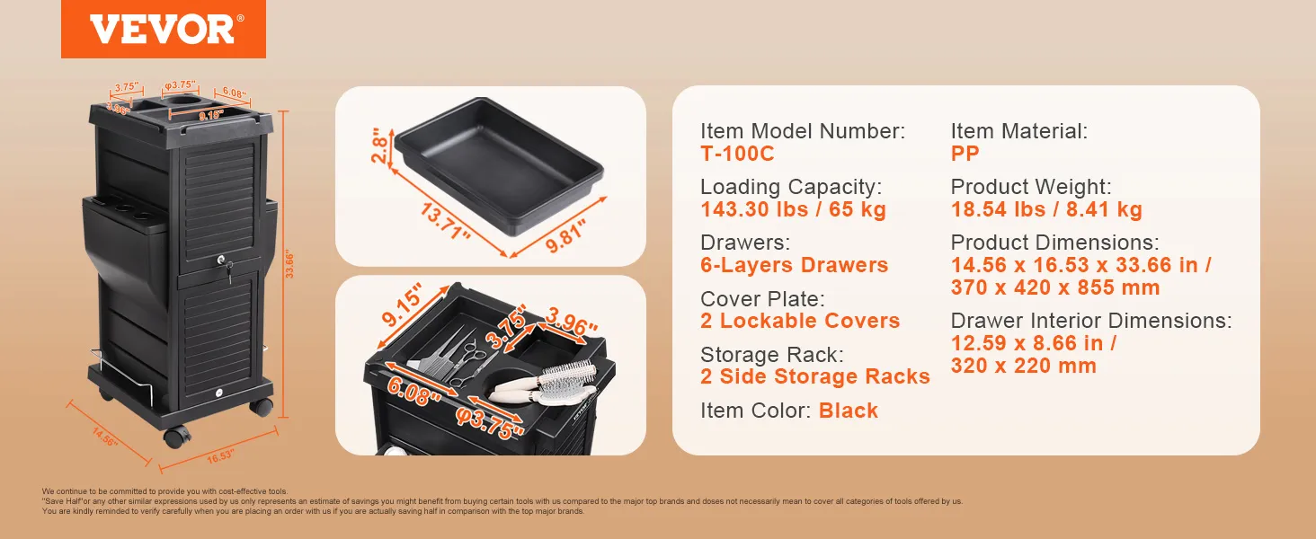 VEVOR salon trolley cart, model t-100c, with 6-layer drawers, side storage racks, and lockable covers.