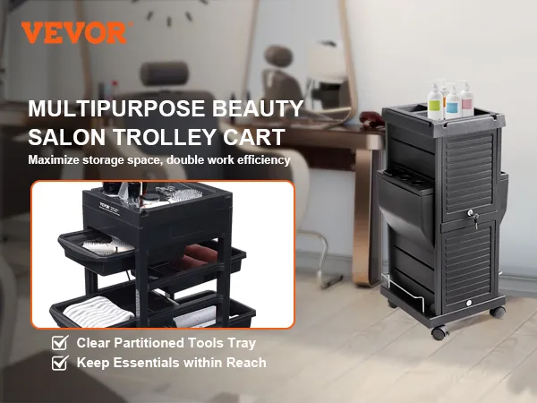 VEVOR salon trolley cart in a salon with a tools tray and essential products, maximizing space and efficiency.