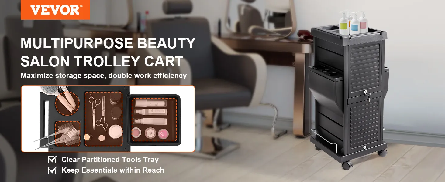 VEVOR salon trolley cart in a salon with a tools tray and essential products, maximizing space and efficiency.