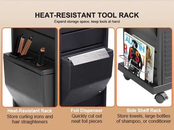 VEVOR salon trolley cart with heat-resistant tool rack, foil dispenser, and side shelf rack for storage.