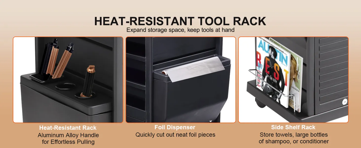 VEVOR salon trolley cart with heat-resistant tool rack, foil dispenser, and side shelf rack for storage.