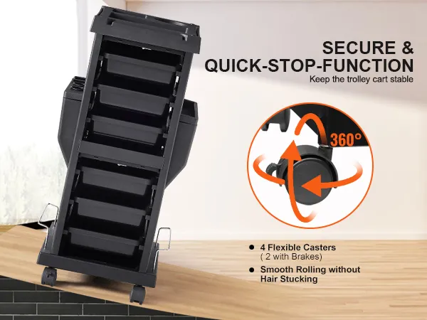 VEVOR salon trolley cart with secure quick-stop function and 4 flexible casters (2 with brakes).