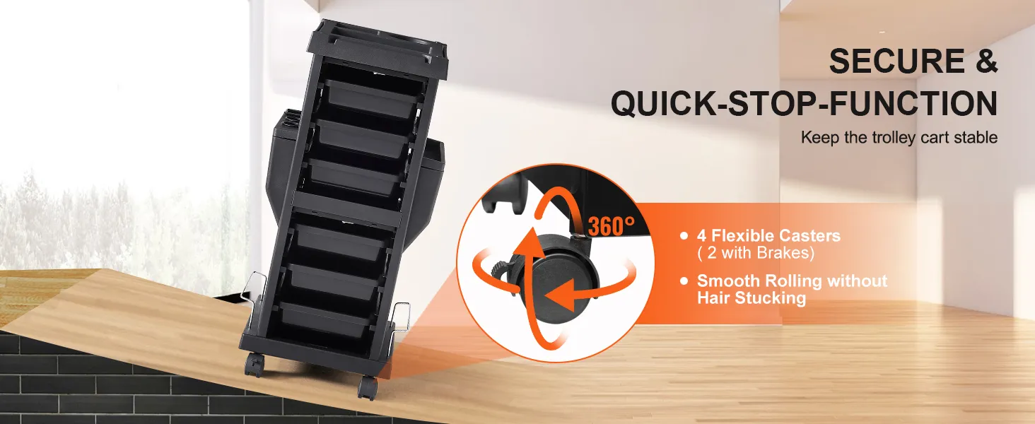 VEVOR salon trolley cart with secure quick-stop function and 4 flexible casters (2 with brakes).