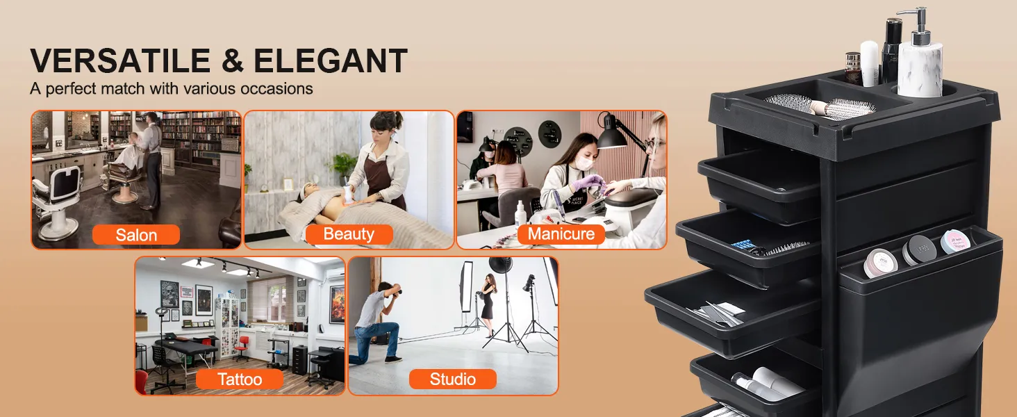 VEVOR salon trolley cart for versatile use across salons, beauty, manicures, tattoos, and studios.