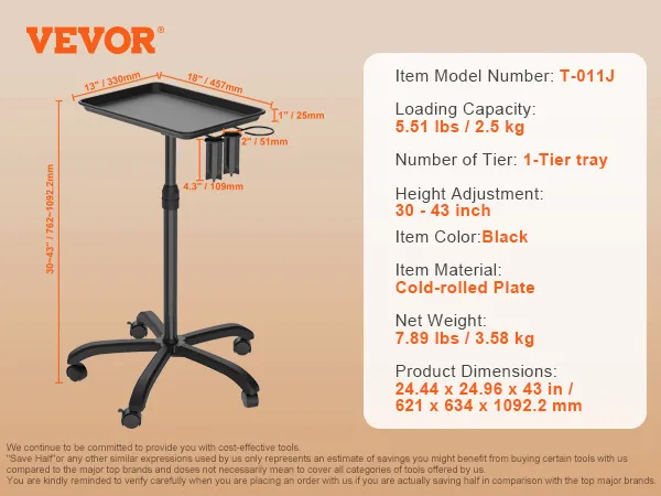 VEVOR salon tray cart with adjustable height, black color, 1-tier tray, and dimensions listed.