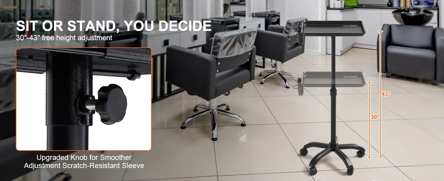 VEVOR salon tray cart with height adjustable stand in a modern salon, featuring black chairs and mirrors.