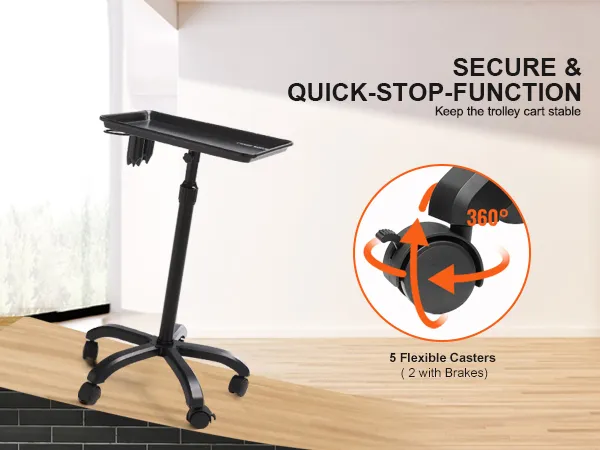 VEVOR salon tray cart with secure quick-stop function and 5 flexible casters (2 with brakes).