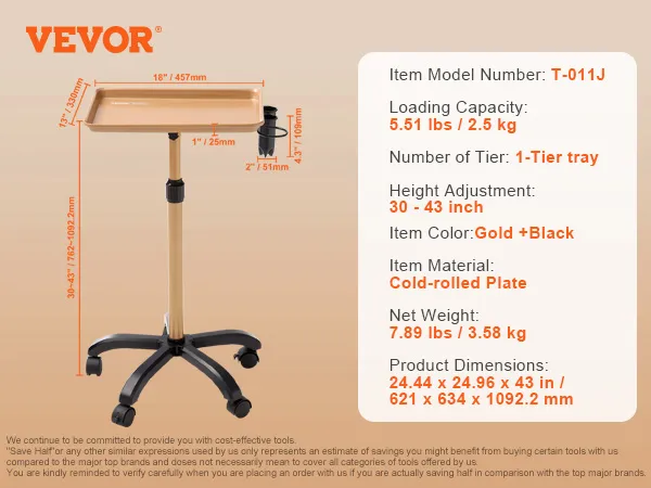 VEVOR salon tray cart t-011j, gold and black, adjustable 30-43 inches, 5.51 lbs capacity, 1-tier tray.