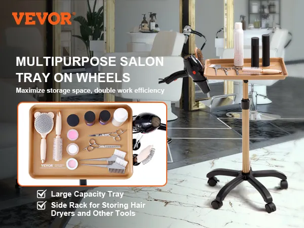 VEVOR salon tray cart with wheels, large capacity tray, and side rack for tools in a modern salon.