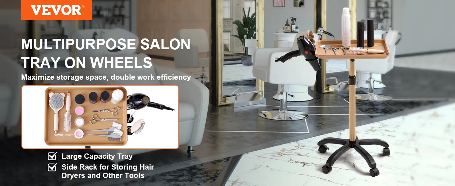 VEVOR salon tray cart with wheels, large capacity tray, and side rack for tools in a modern salon.