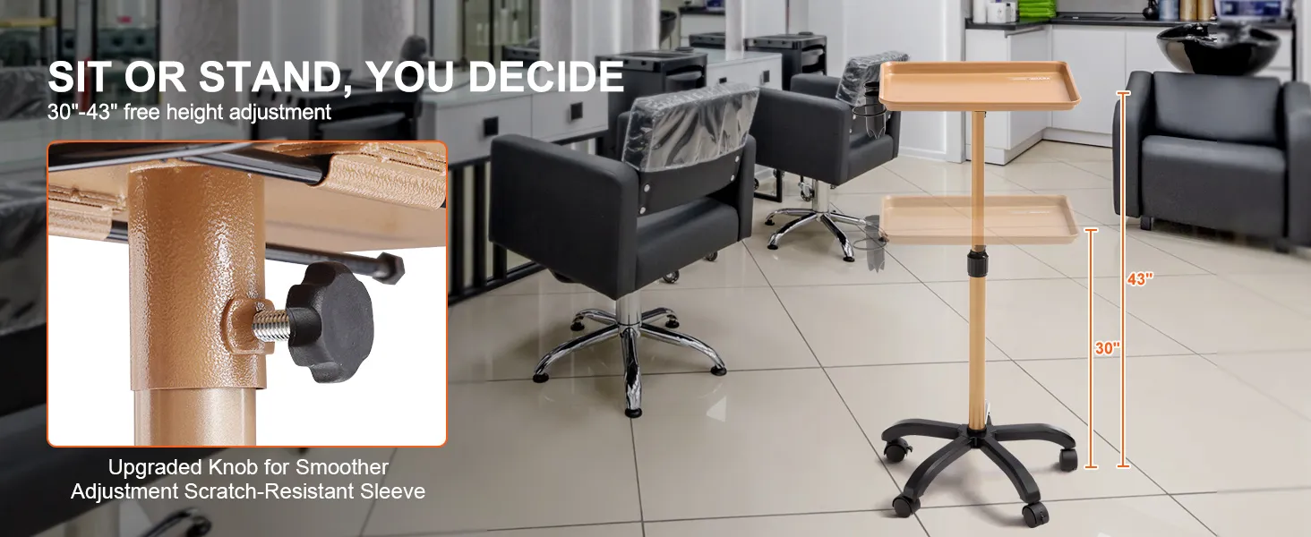 VEVOR salon tray cart with adjustable height, smooth knob, and scratch-resistant sleeve in a salon setting.