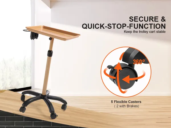 VEVOR salon tray cart with wooden top, secure quick-stop function, and 5 flexible casters (2 with brakes).