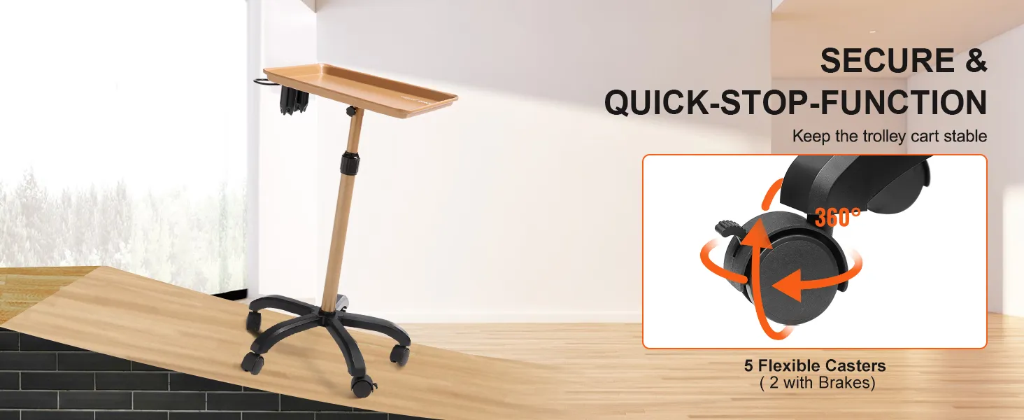 VEVOR salon tray cart with wooden top, secure quick-stop function, and 5 flexible casters (2 with brakes).
