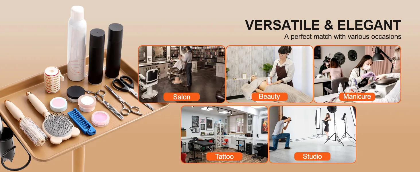 VEVOR salon tray cart with tools for salon, beauty, manicure, tattoo, and studio use, versatile and elegant.