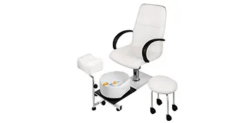 Sillón de pedicura hidráulico VEVOR blanco con reposapiés ajustable y taburete a juego.