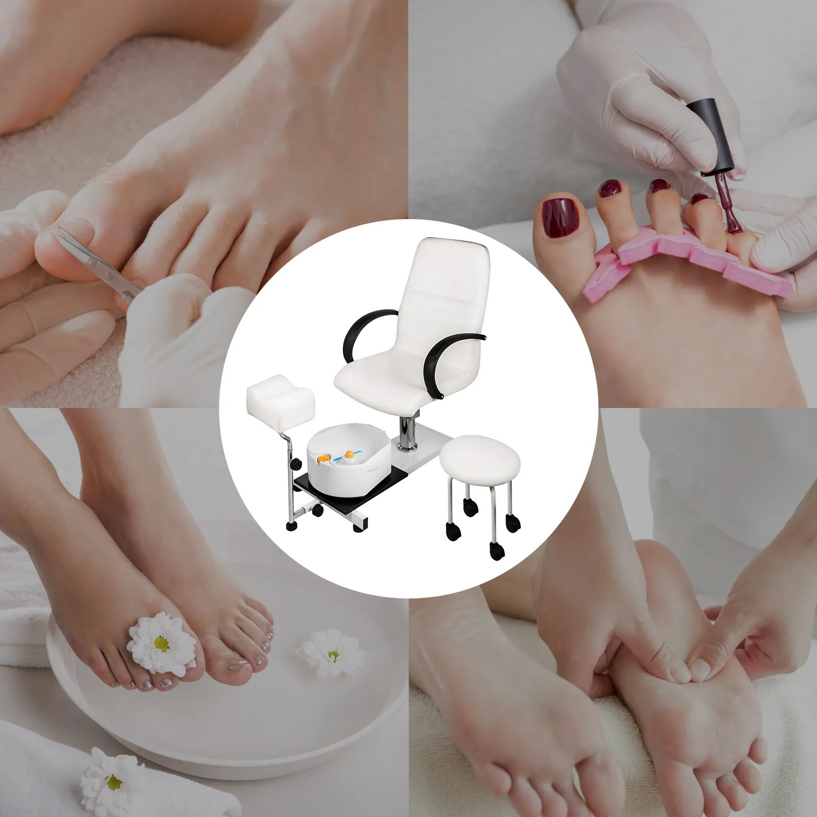 Sillón de pedicura spa hidráulico VEVOR con remojo de pies, masaje y cuidado de uñas en collage.