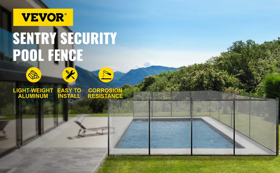VEVOR sentry security pool fence around modern pool with mountain view in the background.