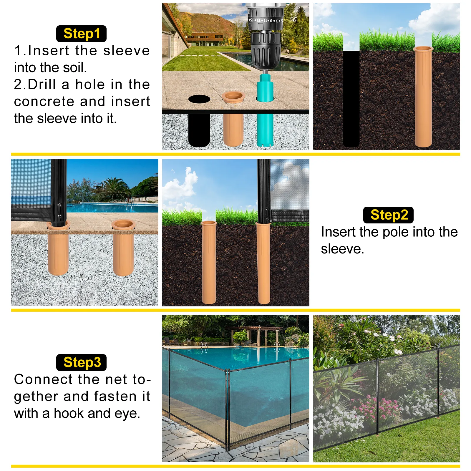 installation steps for VEVOR sentry security pool fence with sleeves and poles.