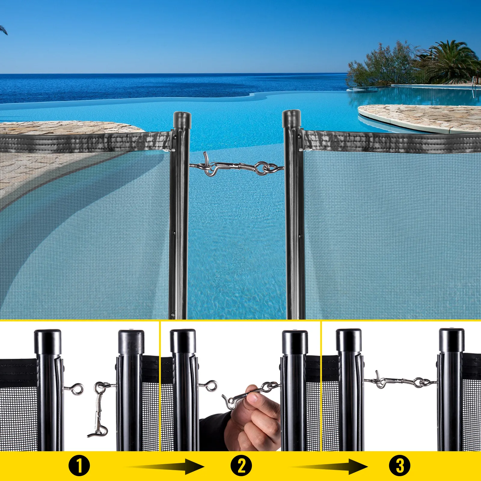 VEVOR sentry security pool fence securing a pool with a scenic ocean backdrop.