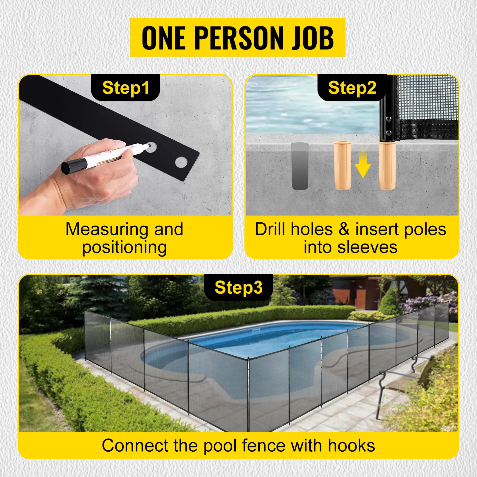 VEVOR sentry security pool fence installation in 3 steps: measure, drill, connect.