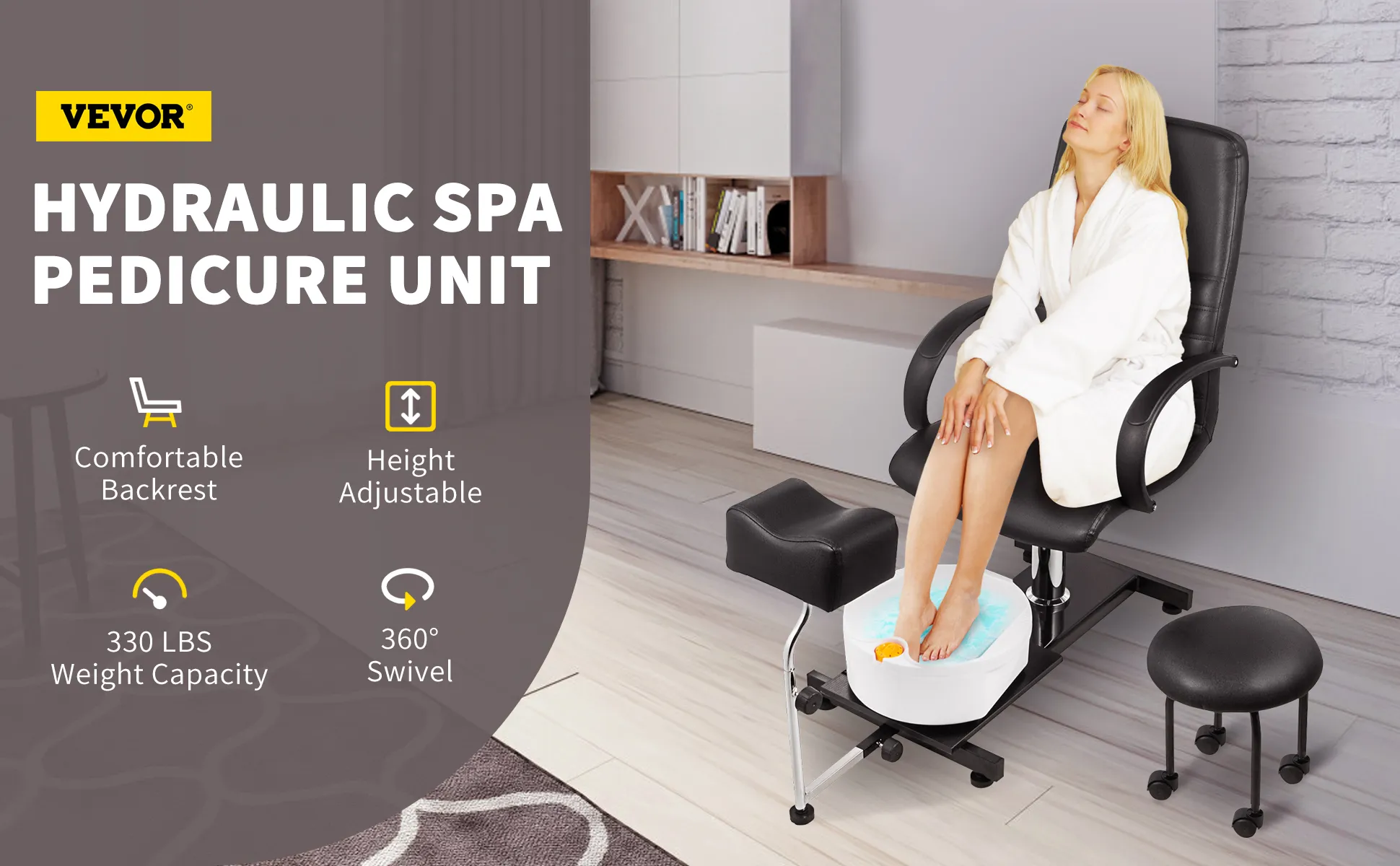 Sillón de spa para pedicura VEVOR con altura ajustable, giro de 360° y respaldo cómodo.