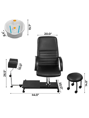 Silla de spa para pedicura VEVOR negra con dimensiones, reposapiés y taburete en la configuración.