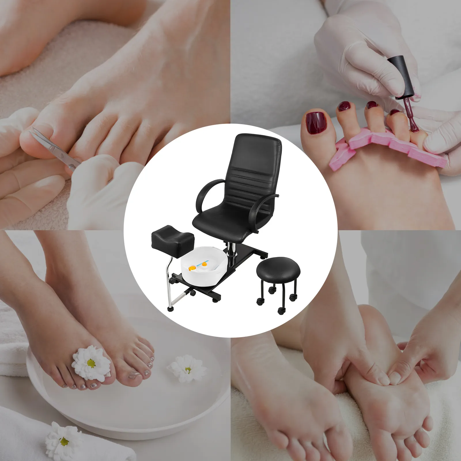 Silla de spa de pedicura VEVOR rodeada de diversos tratamientos para el cuidado de los pies.