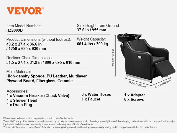 Fotel do mycia włosów VEVOR z czarną skórą syntetyczną, gąbką o dużej gęstości i ceramiczną umywalką.