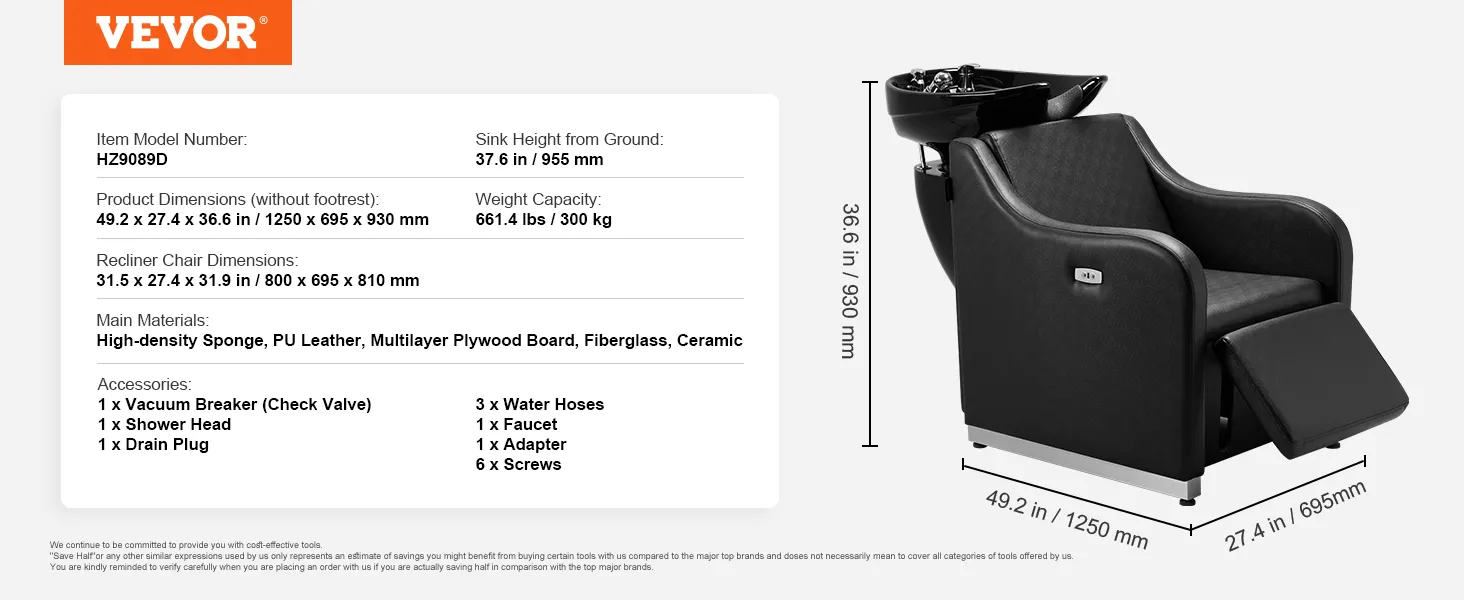 Fotel do mycia włosów VEVOR z czarną skórą syntetyczną, gąbką o dużej gęstości i ceramiczną umywalką.