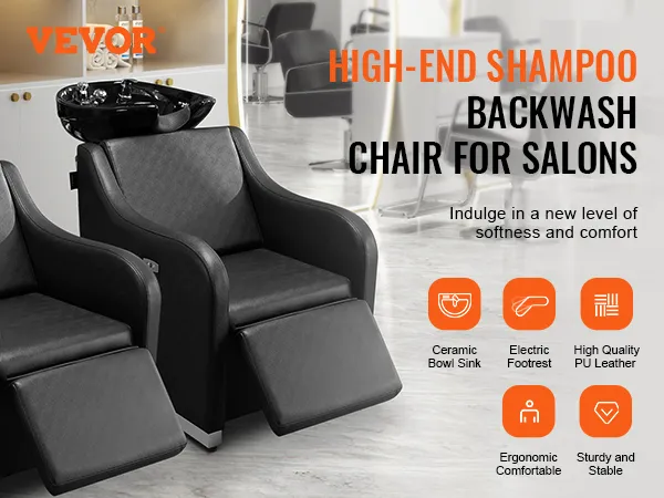 Fotel do mycia włosów VEVOR przeznaczony do salonów, z ceramiczną miską umywalkową i elektrycznym podnóżkiem.