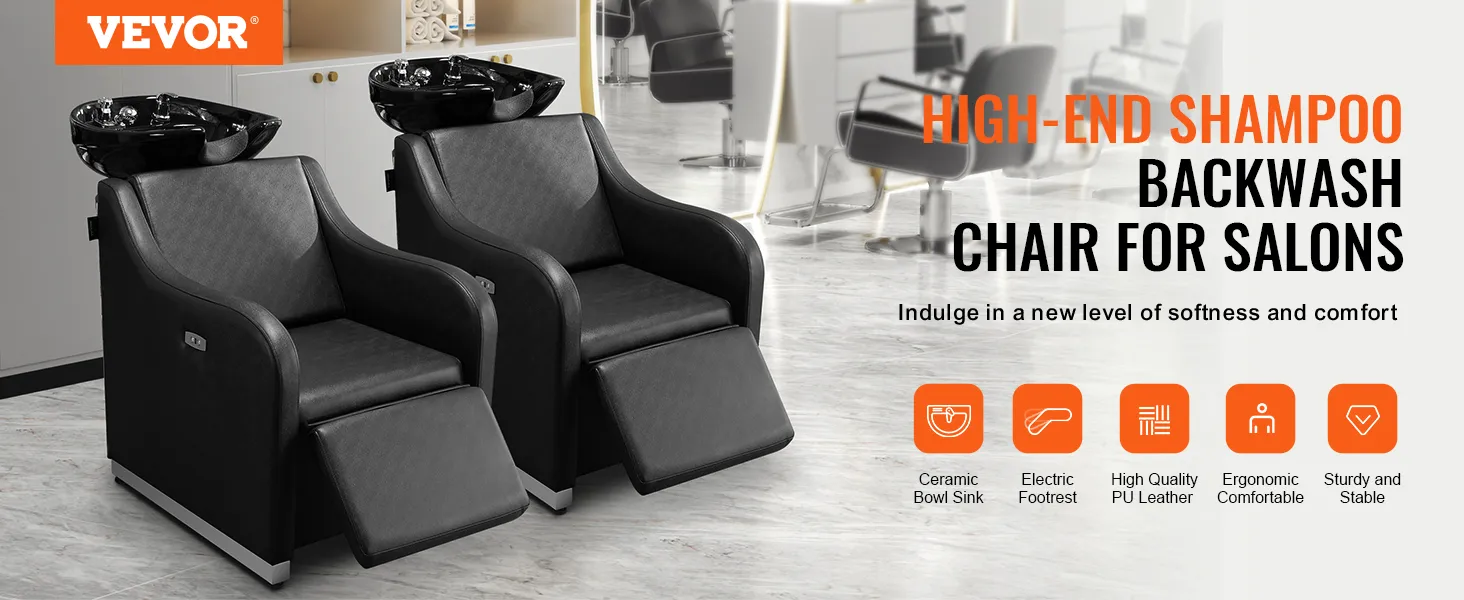 Fotel do mycia włosów VEVOR przeznaczony do salonów, z ceramiczną miską umywalkową i elektrycznym podnóżkiem.
