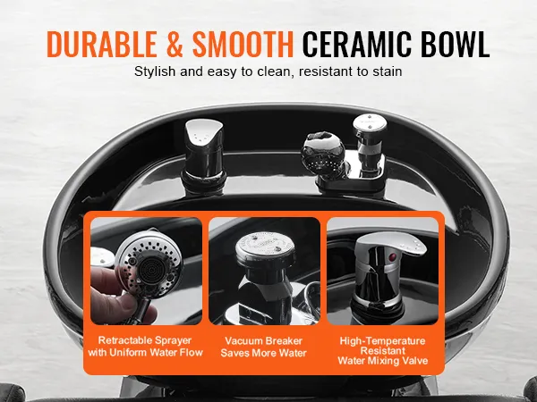 trwała i gładka, czarna ceramiczna miska do mycia szamponem VEVOR, krzesło o odpornych właściwościach.