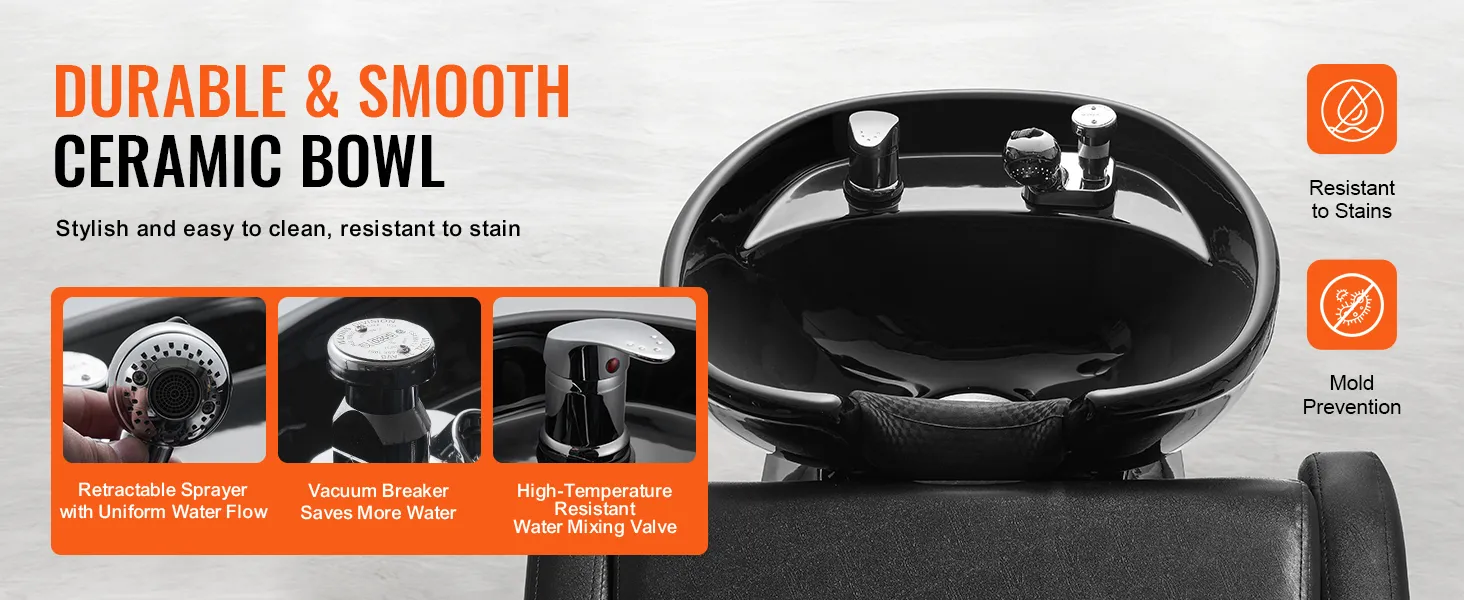 trwała i gładka, czarna ceramiczna miska do mycia szamponem VEVOR, krzesło o odpornych właściwościach.