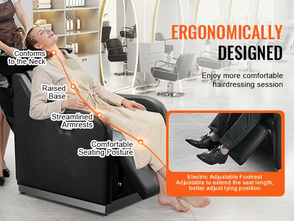 Fotel do mycia włosów VEVOR z regulowanym podnóżkiem i ergonomiczną konstrukcją gwarantuje komfortową sesję fryzjerską.