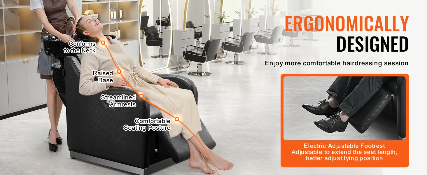Fotel do mycia włosów VEVOR z regulowanym podnóżkiem i ergonomiczną konstrukcją gwarantuje komfortową sesję fryzjerską.
