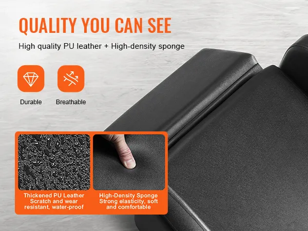 Krzesło do mycia włosów VEVOR, wykonane z wysokiej jakości skóry syntetycznej i gąbki o dużej gęstości zapewniającej wygodę i trwałość.