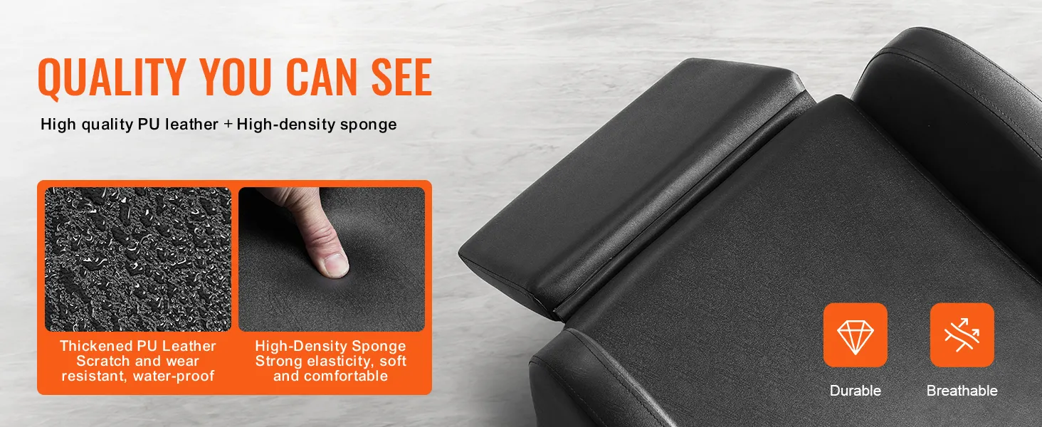 Krzesło do mycia włosów VEVOR, wykonane z wysokiej jakości skóry syntetycznej i gąbki o dużej gęstości zapewniającej wygodę i trwałość.