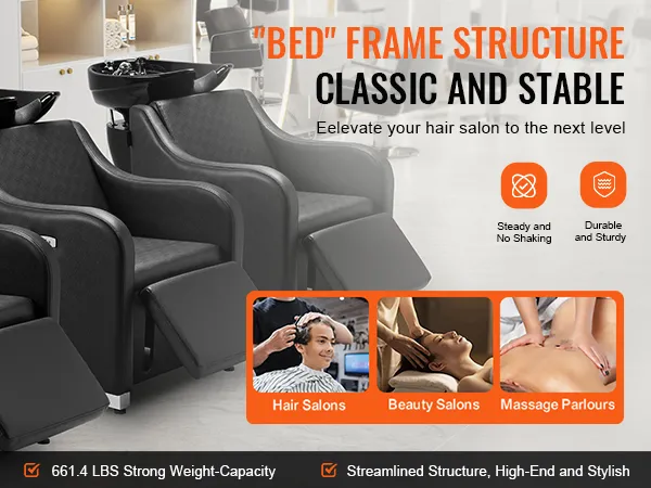 Fotel do mycia włosów VEVOR w eleganckim salonie fryzjerskim, podkreślający trwałość i stabilność.