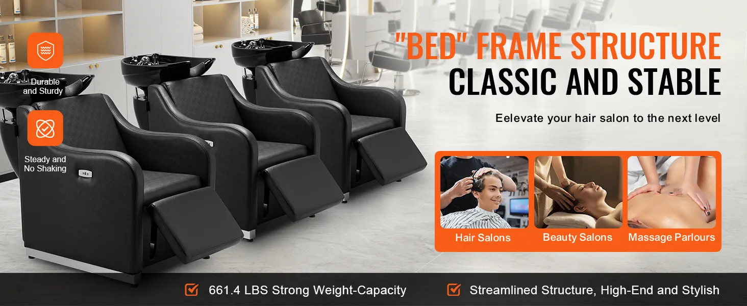 Fotel do mycia włosów VEVOR w eleganckim salonie fryzjerskim, podkreślający trwałość i stabilność.