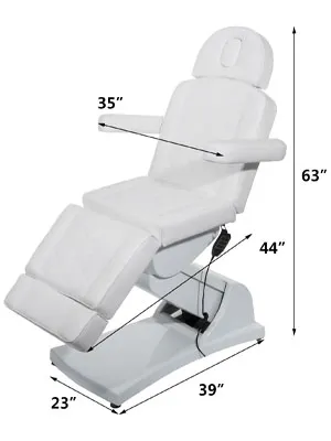 white VEVOR electric facial chair with adjustable armrests and footrest, dimensions noted.