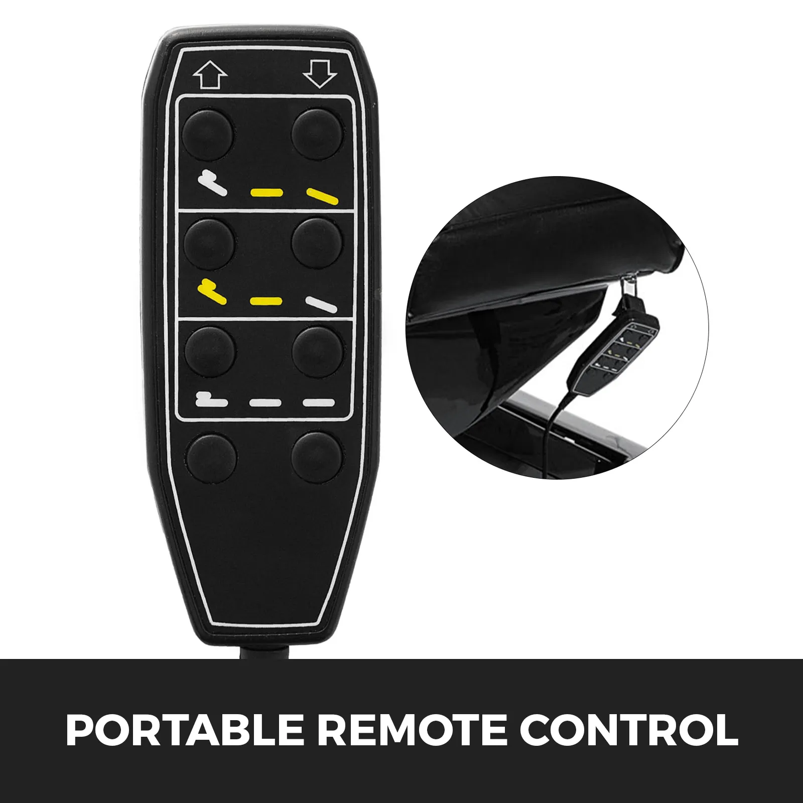 portable remote control for VEVOR electric facial chair, black with yellow buttons.