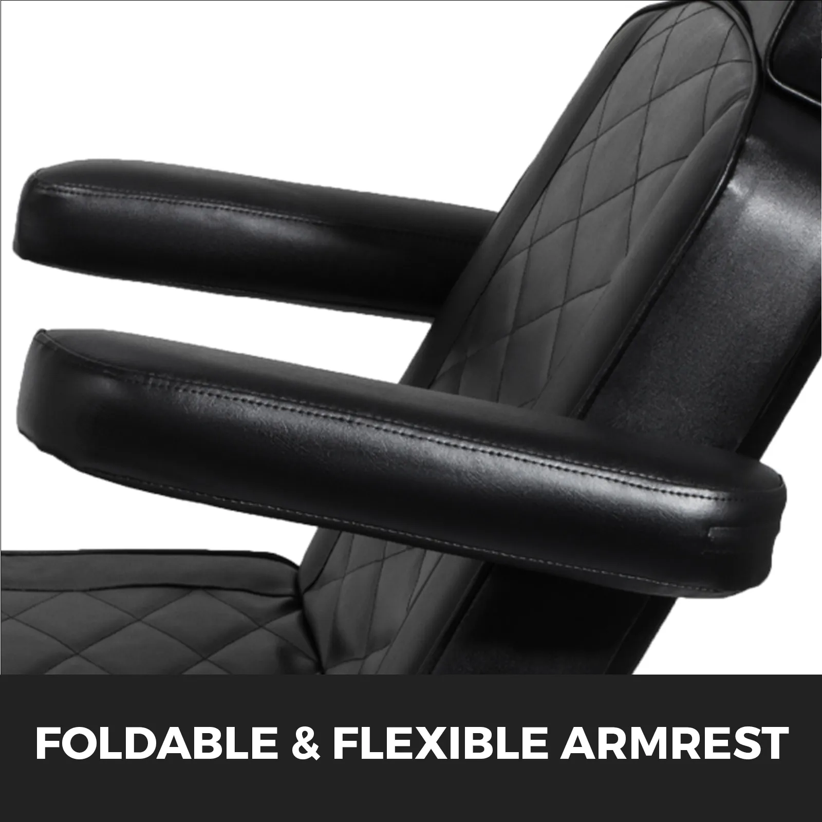 VEVOR electric facial chair with foldable, flexible armrest in black leather.