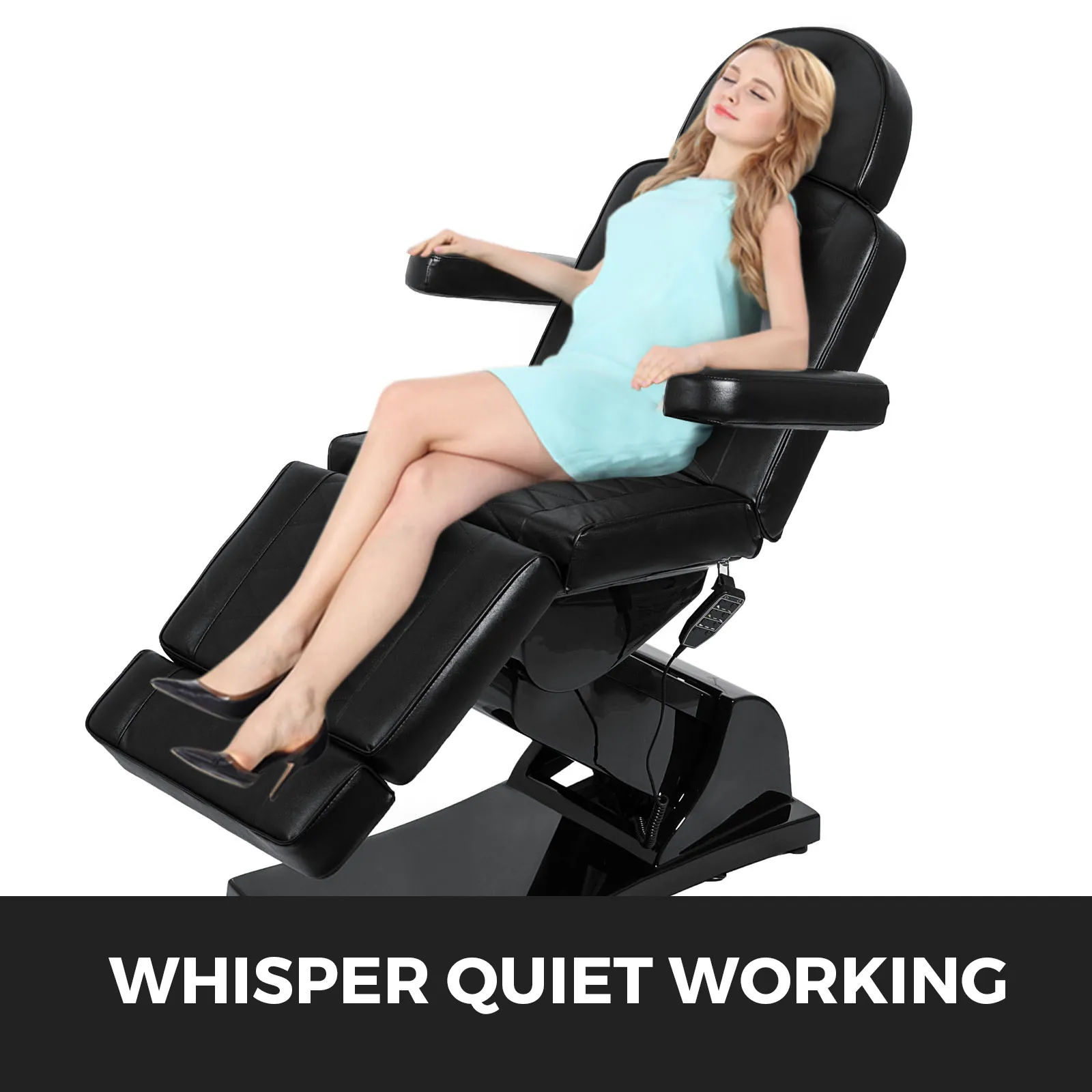 woman reclines on VEVOR electric facial chair in black leather with "whisper quiet working" text.