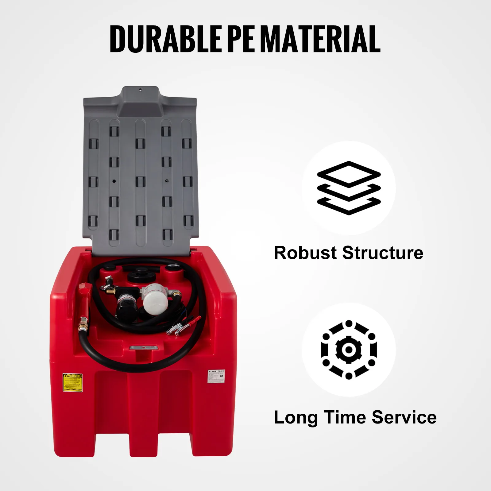 VEVOR portable diesel tank - red tank with lid open, showing hose and fittings; durable pe material.