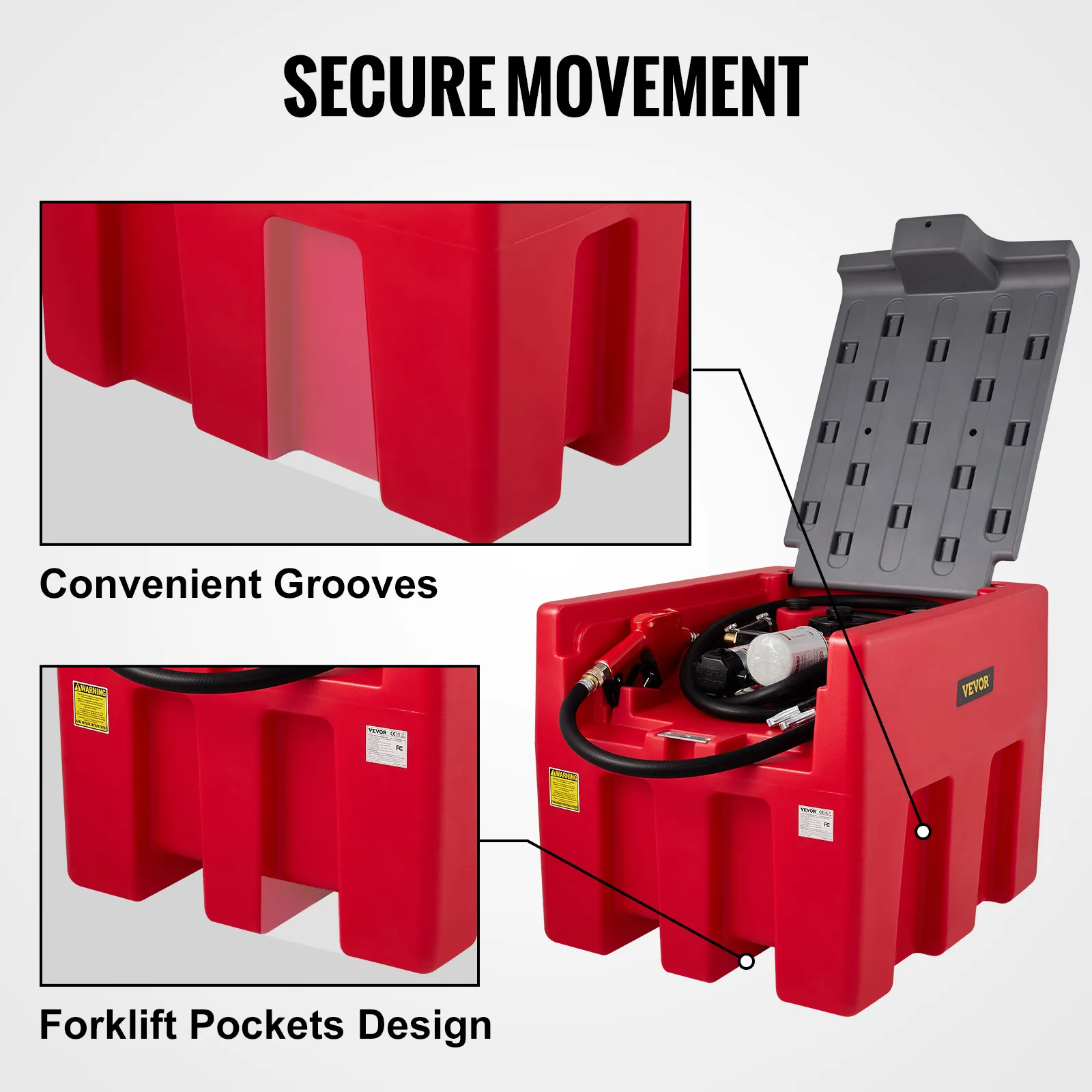 VEVOR portable diesel tank with secure movement, convenient grooves, and forklift pockets design.