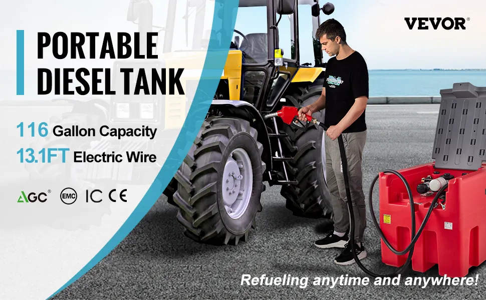 VEVOR portable diesel tank with 116-gallon capacity and 13.1ft electric wire for refueling machinery.