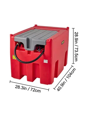red VEVOR portable diesel tank with hose and dimensions 28.3in x 40.9in x 28.9in.