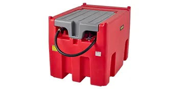 red VEVOR portable diesel tank with secure gray lid and hose attachment for easy refueling.